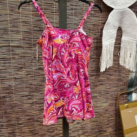 Swim Solutions Plus Size Tummy Control Printed Fauxkini One-Piece Swimsuit, Crea - Picture 2 of 3